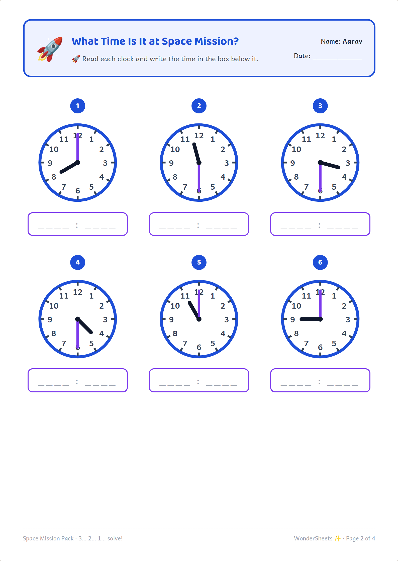Clock reading practice worksheet with analog clocks