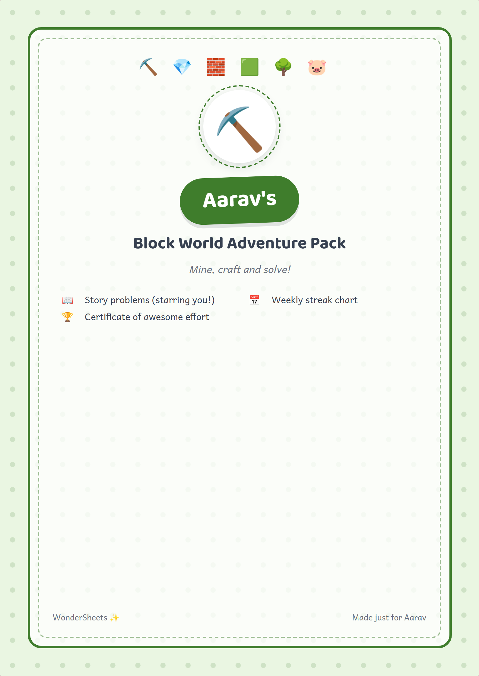 Personalized cover page of a Block World activity pack with a child's name