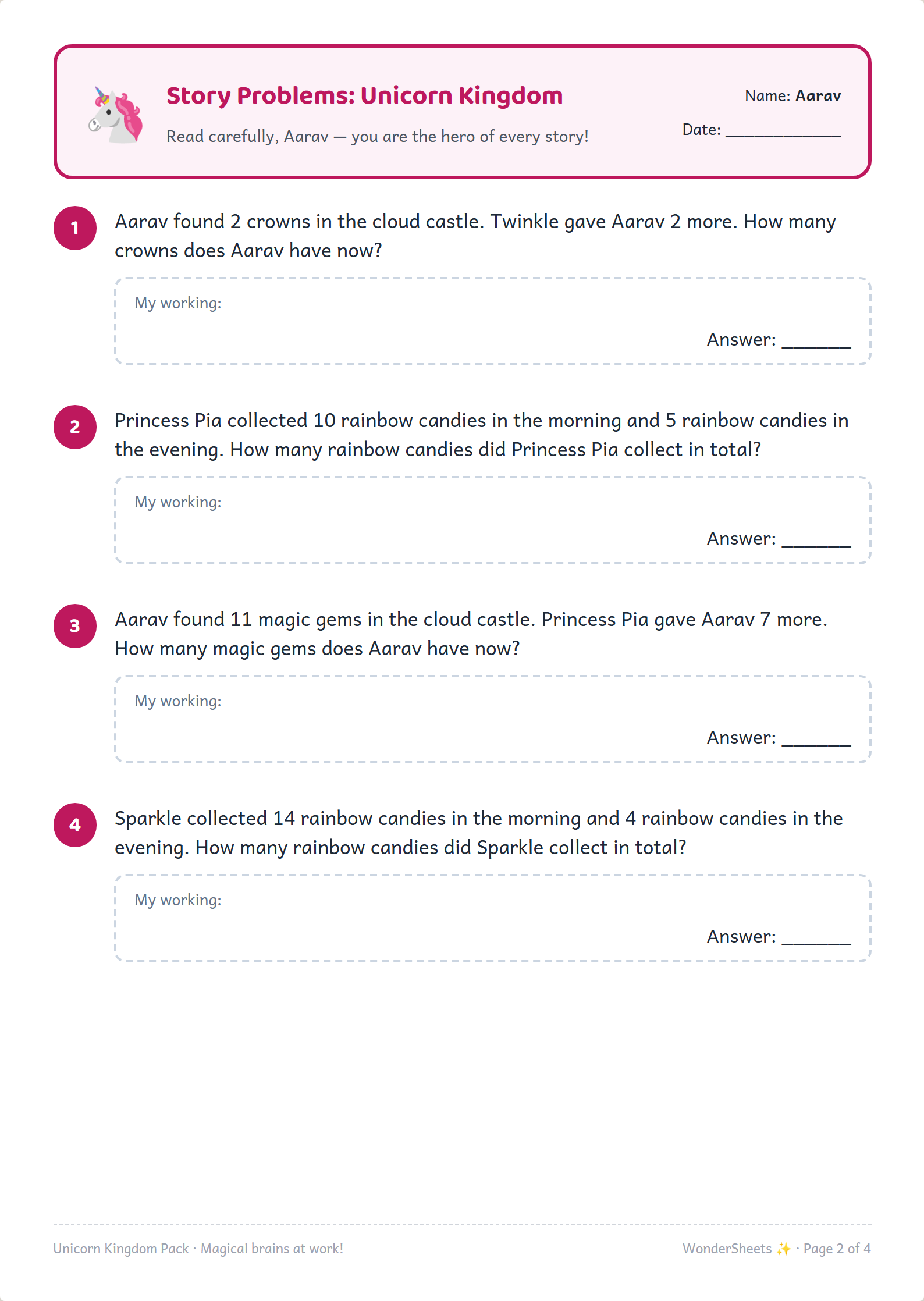 Story problems worksheet starring the child by name